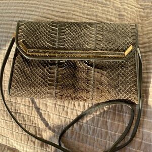 Vintage Grey Genuine Eel Leather Crossbody Bag with Gold Trim